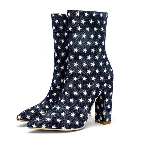 Denim Ankle Boots mit Sternenmuster & Blockabsatz