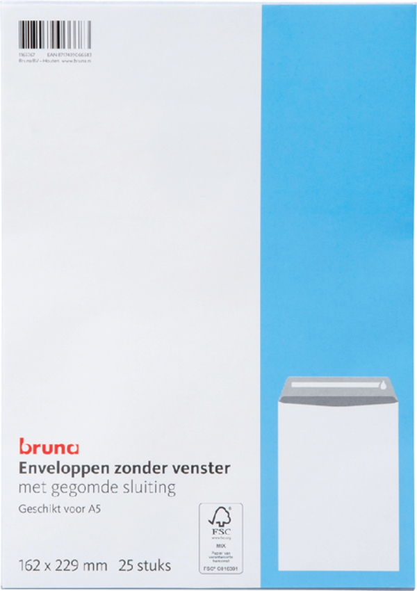 Envelop Bruna akte C5 162x229mm gegomd wit 25 stuks