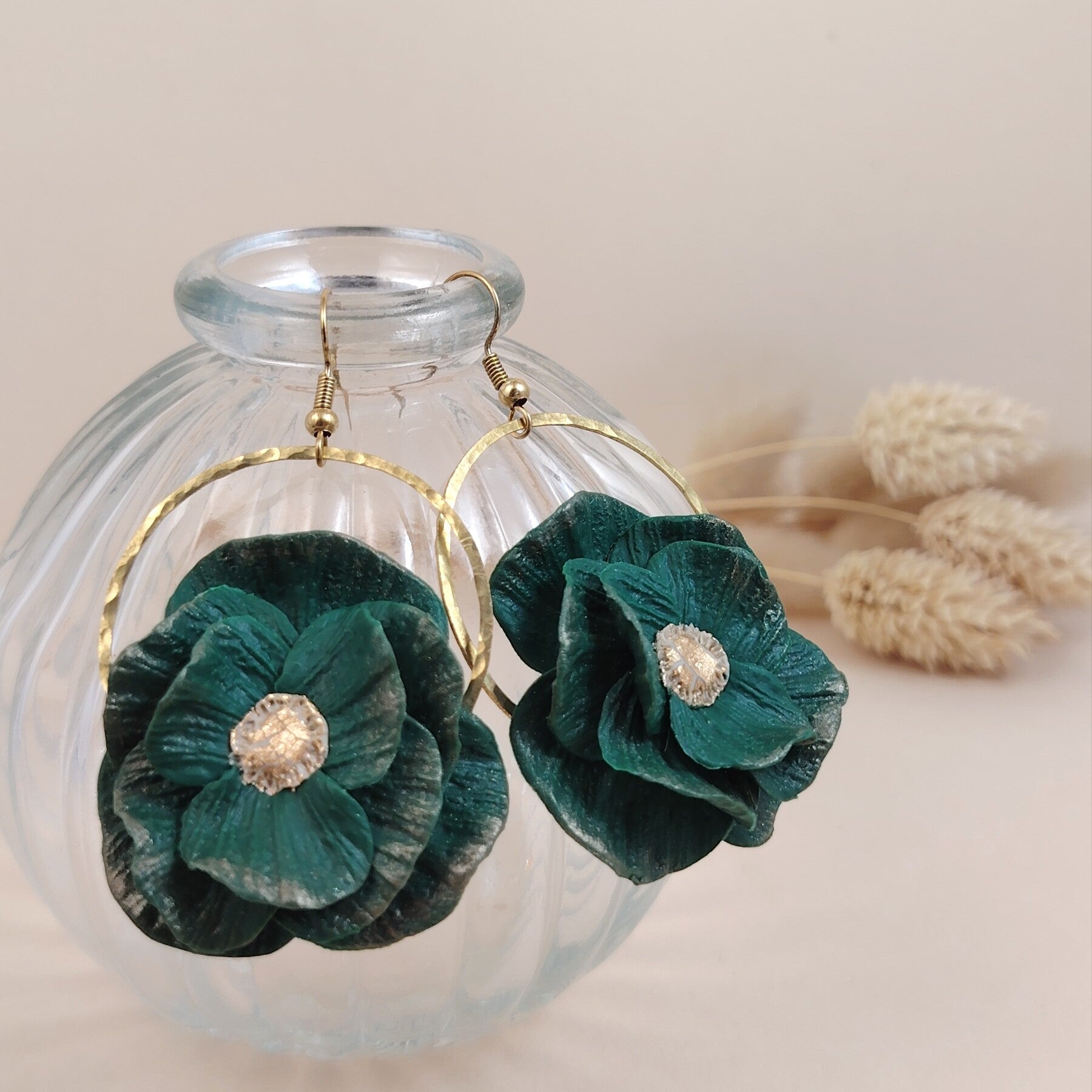 Boucles d'oreilles fleurs XL verte