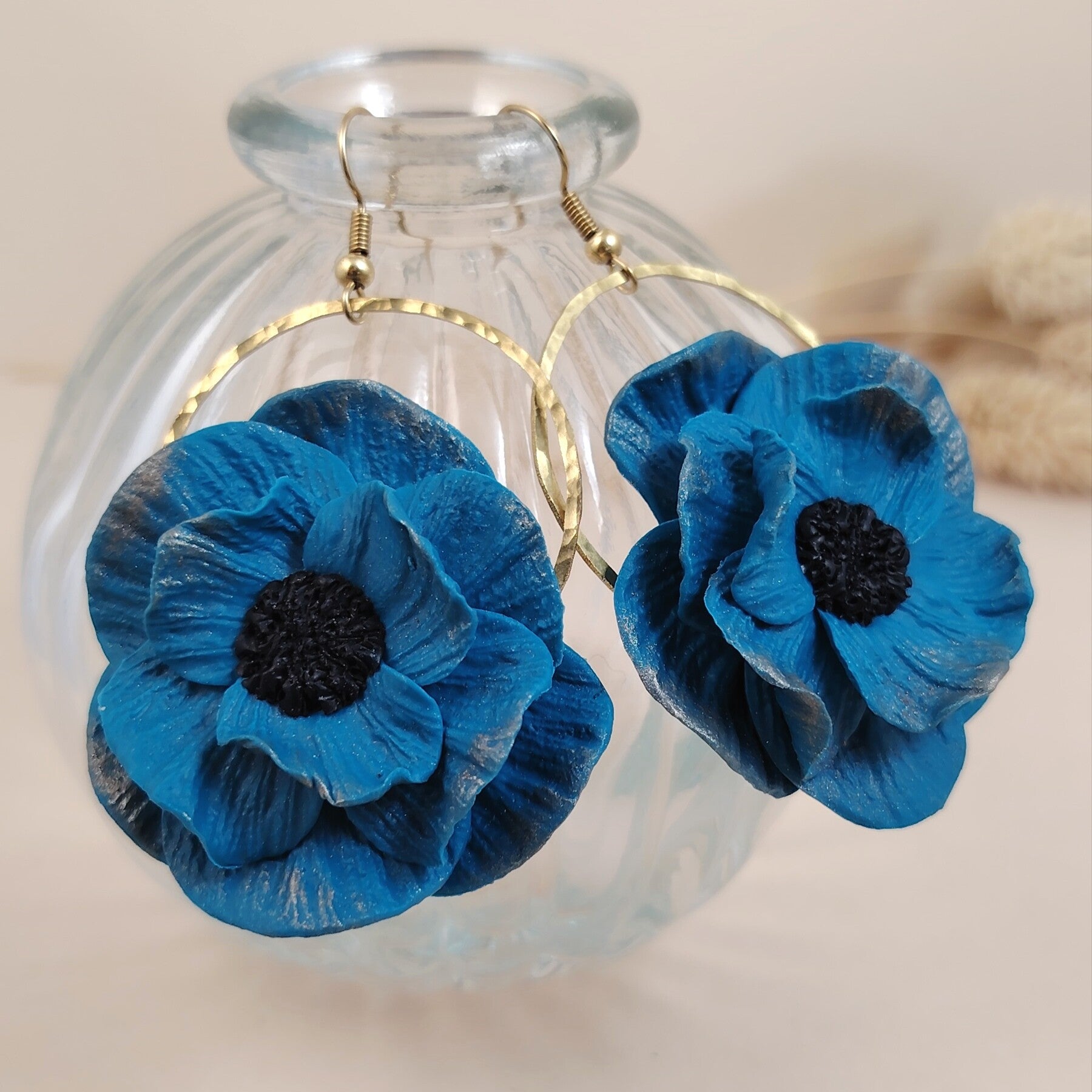 Boucles d'oreilles fleurs XL bleu canard