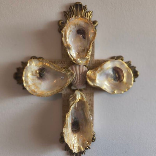 Cross w/ natural oyster shells gold accents