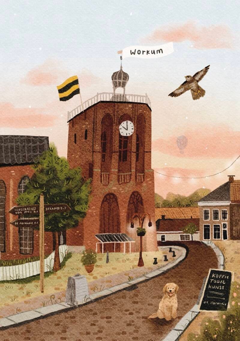 Een illustratie van Workum, op ongeveer 100 meter afstand van mijn atelier. Schattig geillustreerd met een beige labradoodle ervoor. Krijt stoepbord, illustratie in opdracht en ansichtkaart.
