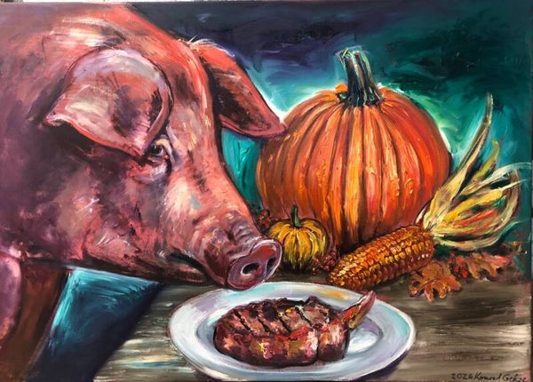 "Zweierlei vom Hofschwein" 2026, 70 x 100 cm, Öl auf Leinwand