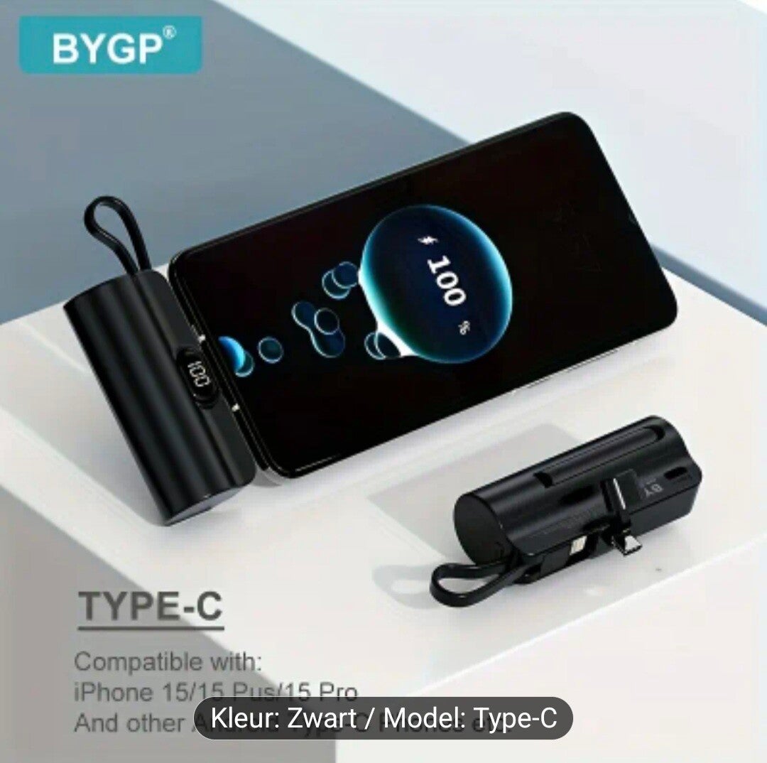 BYGP 5000mAh Mini draagbare oplader, USB Type-C, universele noodstroombank