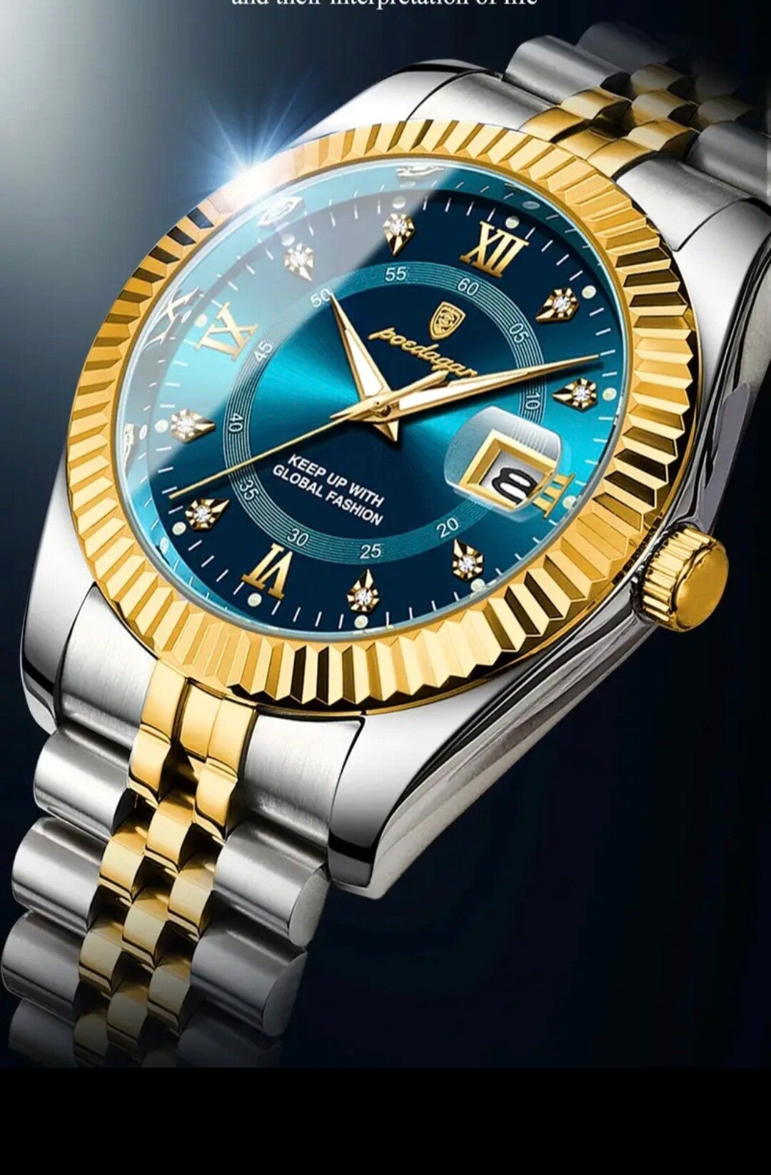 POEDAGAR Luxe Heren Quartz Horloge - Waterdicht, Luminous, Roestvrijstalen Band, Blauwe & Gouden