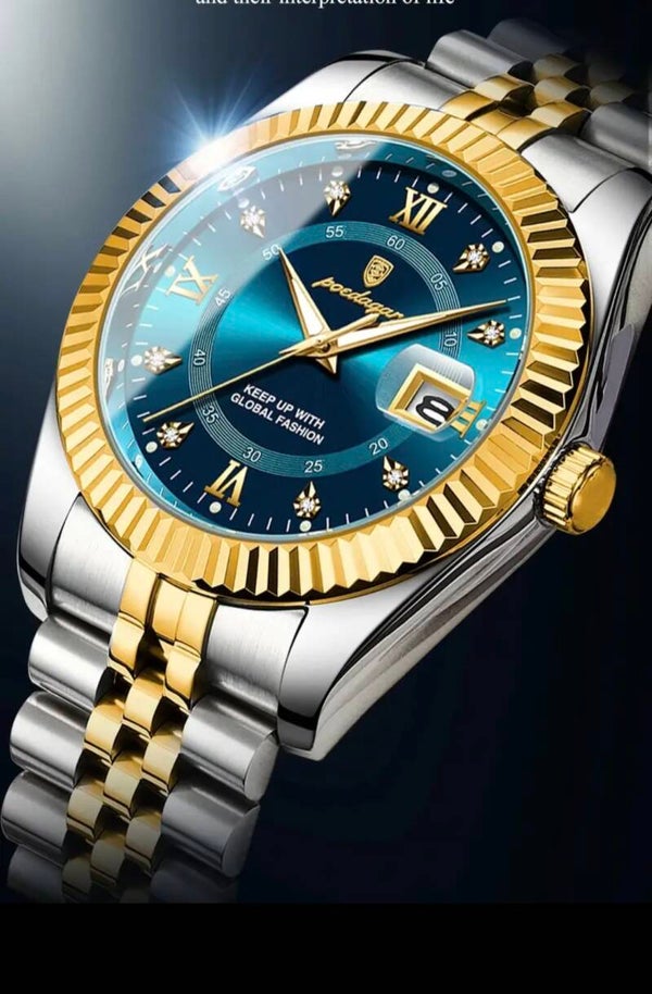 POEDAGAR Luxe Heren Quartz Horloge - Waterdicht, Luminous, Roestvrijstalen Band, Blauwe & Gouden
