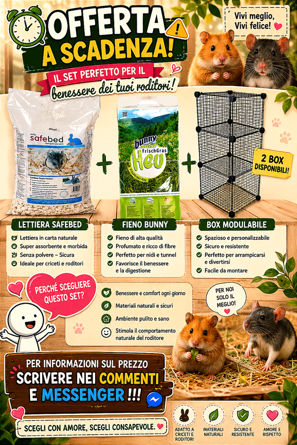 Lettiera safebed 800g + fieno Bunny 750g + box modulare criceto