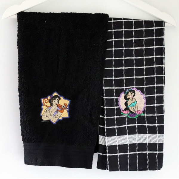 Geborduurde keukenhanddoek en theedoek Aladdin