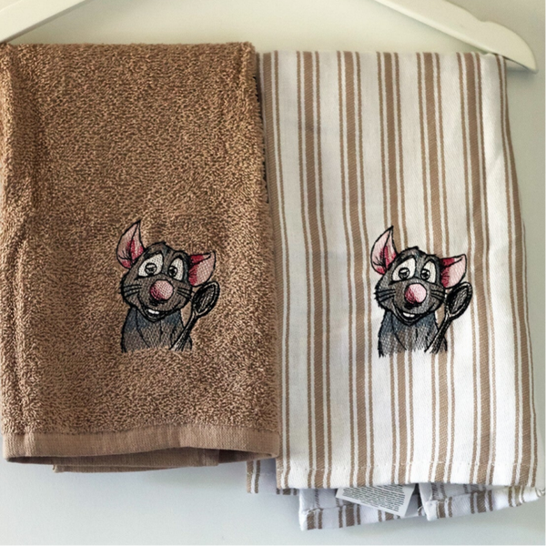 Geborduurde keukenhanddoek en theedoek Remy