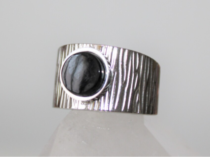 Bague large striée - Acier inoxydable & Pierre D'onyx