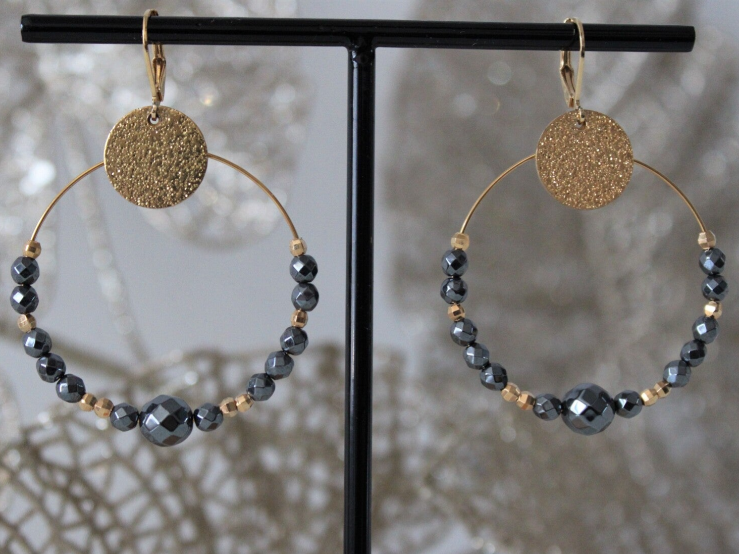 Boucles d'oreilles en Hématite facettée & Acier inoxydable doré