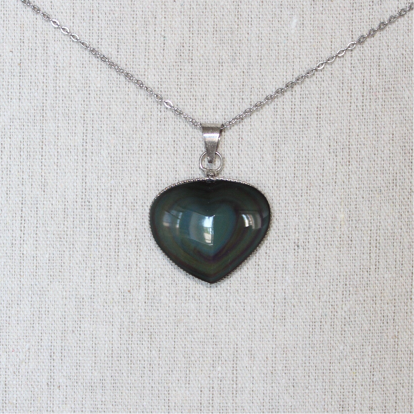 Collier - Obsidienne Oeil Céleste pendentif cerclé forme Coeur