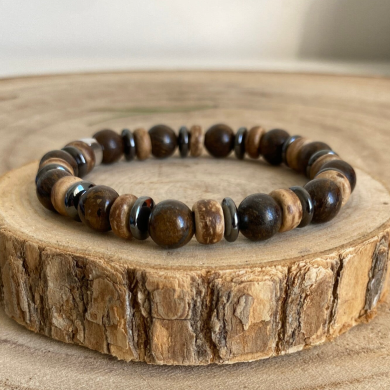 Bracelet Bronzite, Hématite & Bois - Perles de 8 mm