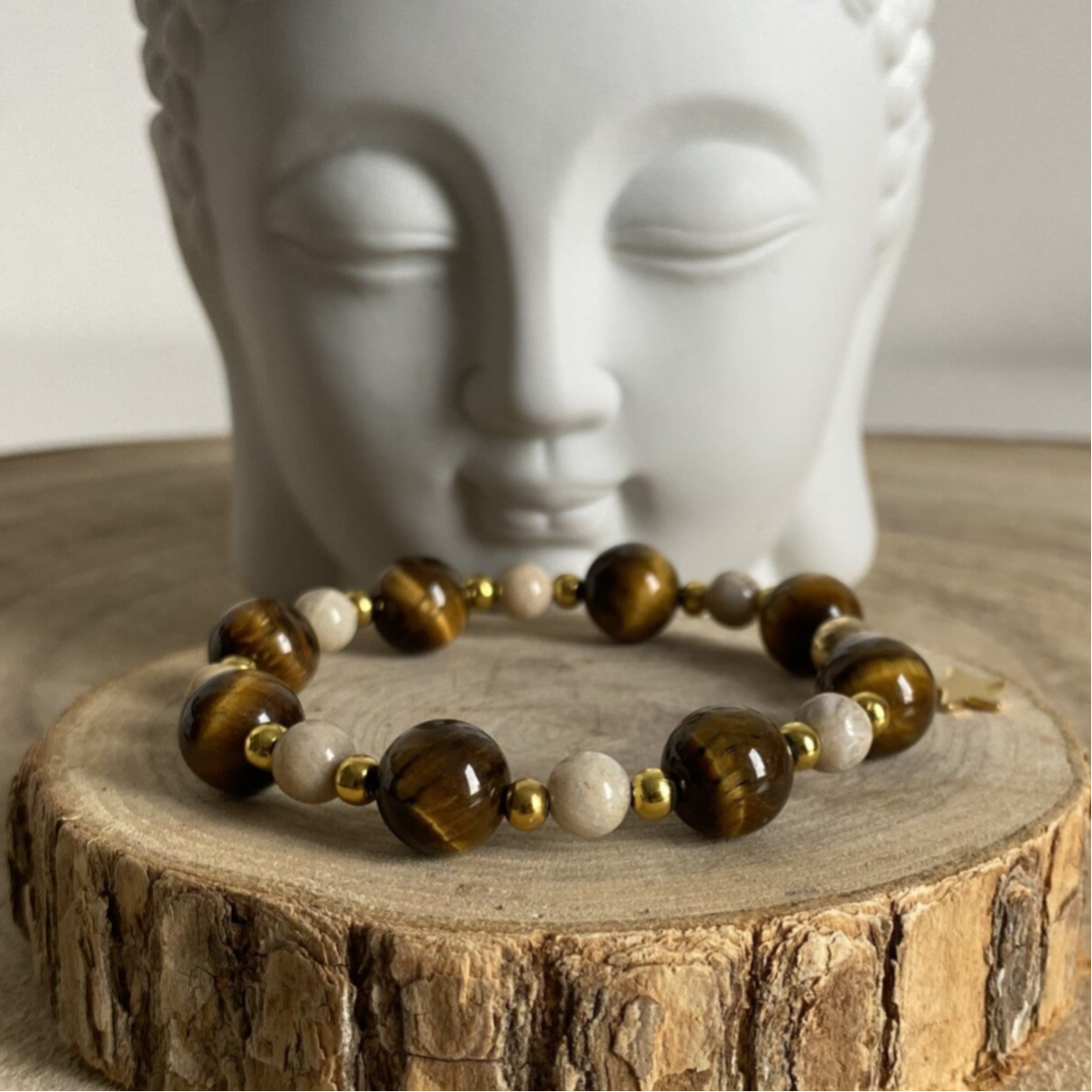 Bracelet Oeil de Tigre & Agate Fossile 10mm & 6mm - Harmonie & Protection