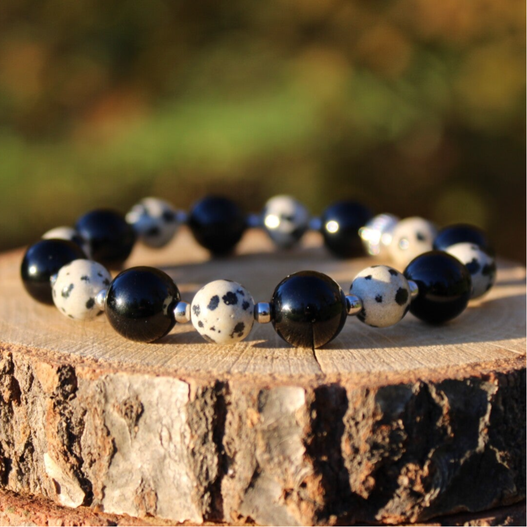 Bracelet Onyx & Jaspe Dalmatien - Perles 8 et 10 mm
