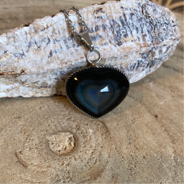Collier - Obsidienne Oeil Céleste pendentif cerclé forme Coeur