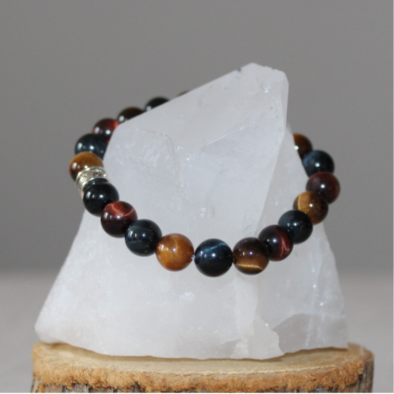 Bracelet "Les 3 yeux de protection" Oeil de Faucon, de Tigre & Taureau - Perle de 8mm