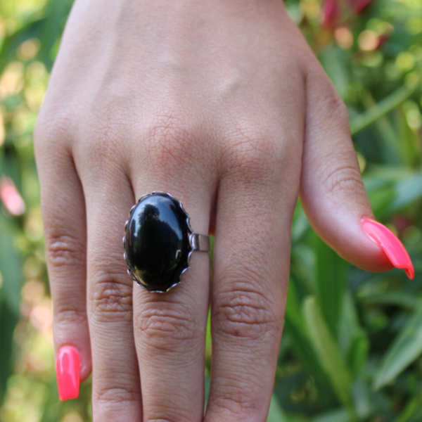 Bague en Onyx noir & Acier inoxydable