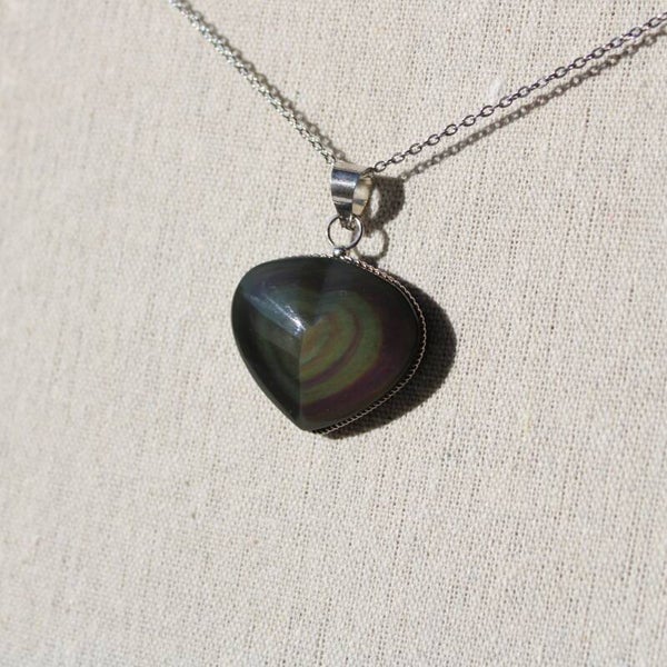 Collier - Obsidienne Oeil Céleste pendentif cerclé forme Coeur