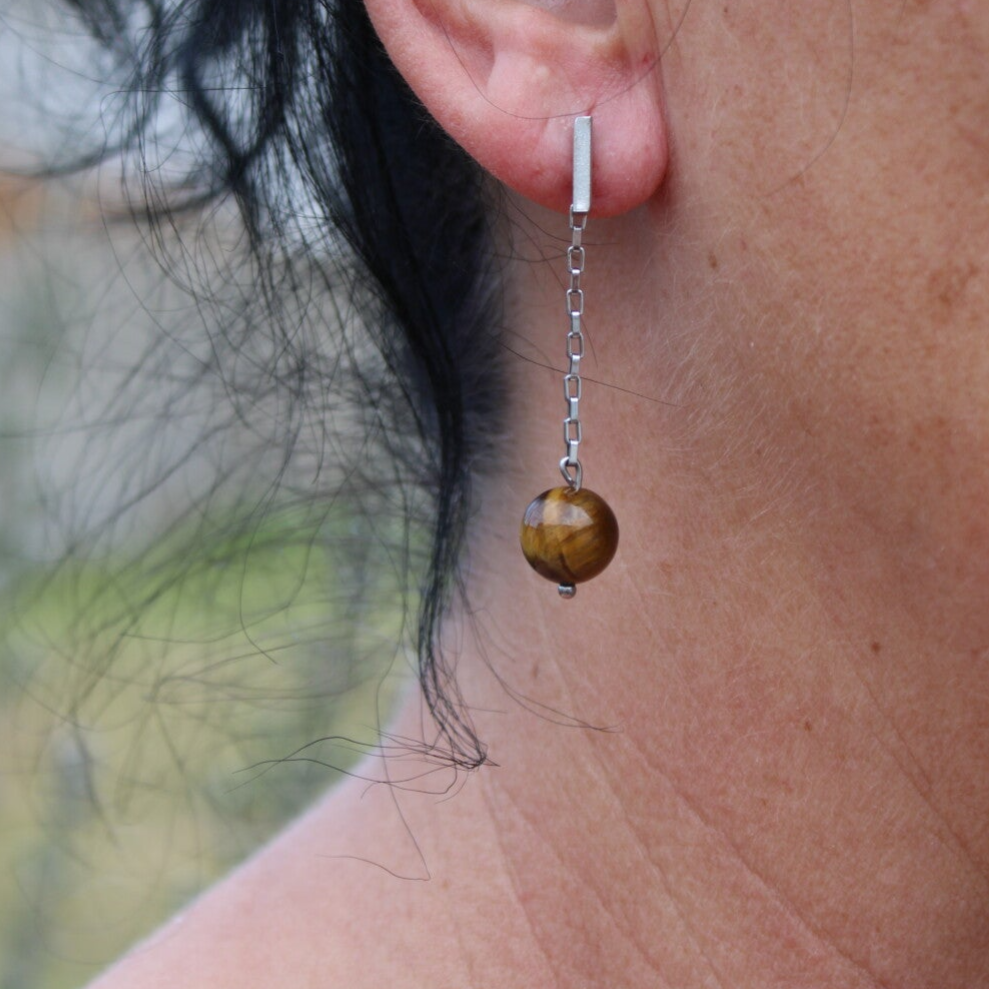 Boucle d'oreilles Pendantes en Quartz rose, Oeil de Tigre ou Obsidienne noire