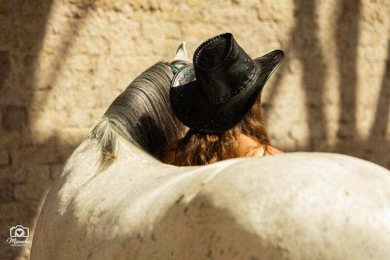 Schimmel pony en cowboyhoed
