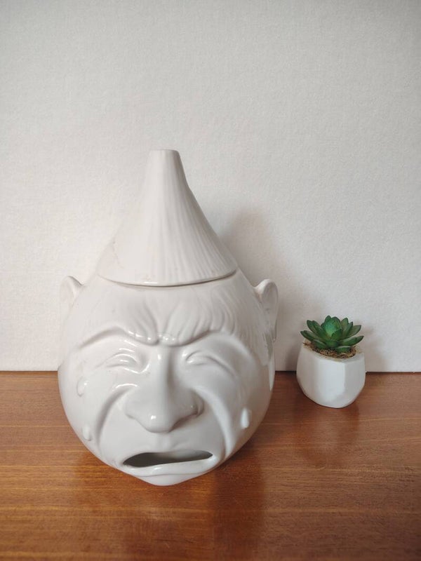 Vintage keramieken uienpot met gezicht – witte voorraadpot / keukenpot