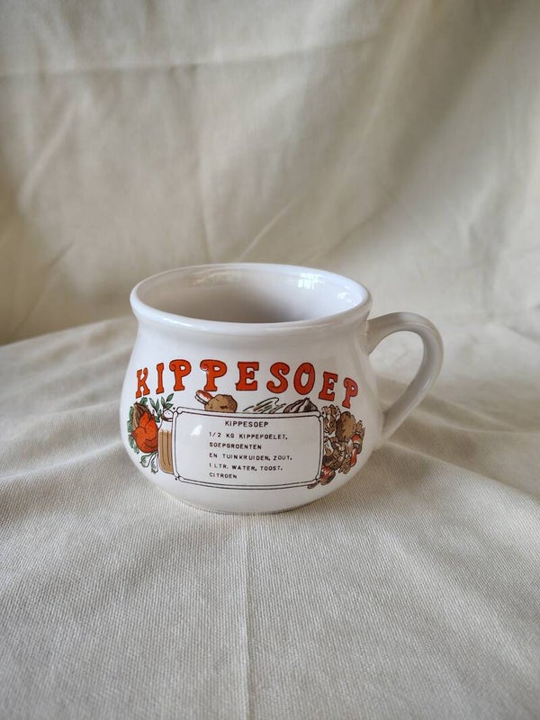 Vintage Kippesoep Mok / Soepkom met Recept – Jaren 70 Keukenkeramiek