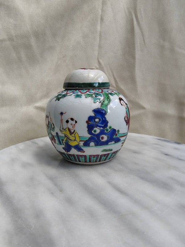Vintage Chinees Gemberpotje met Deksel – Handbeschilderd Famille Verte Decor