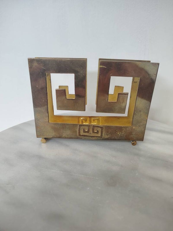 Mid Century Modern messing servethouder – Geometrisch design met Griekse sleutelmotief