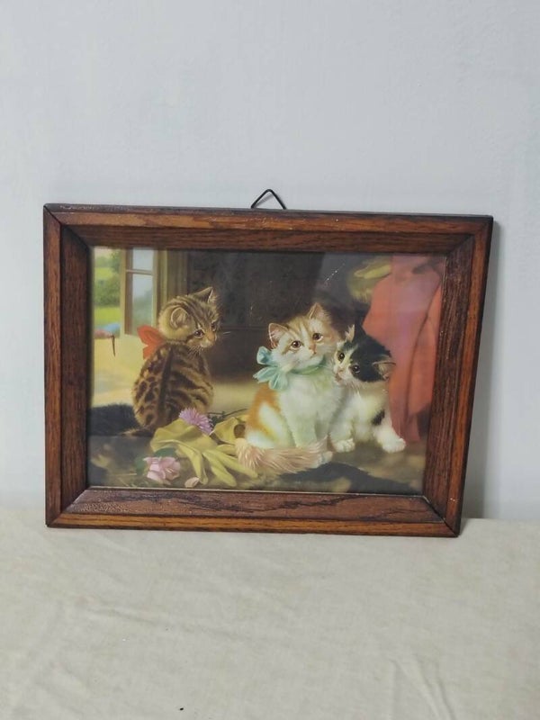Drie ondeugende kittens tussen de bloemen 🐱🌸 – nostalgisch vintage wandplaatje