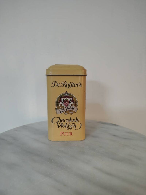 125 jaar chocoladegeschiedenis 🍫 Vintage De Ruijter chocoladevlokken blik uit 1985
