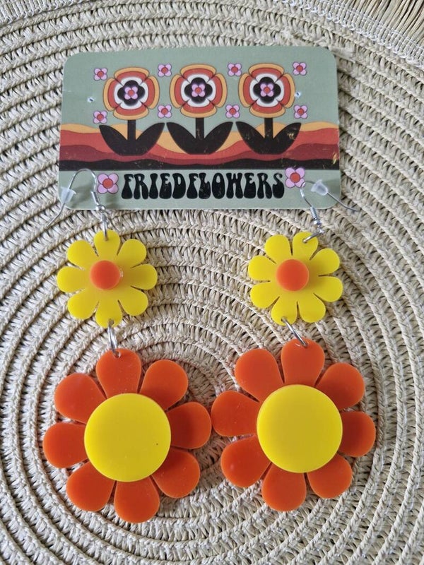 Orange sunshine Groovy retro inspired flower Earrings