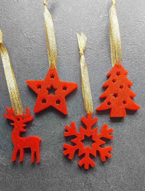 Sujets de Noël x4 rouge pailleté rouge