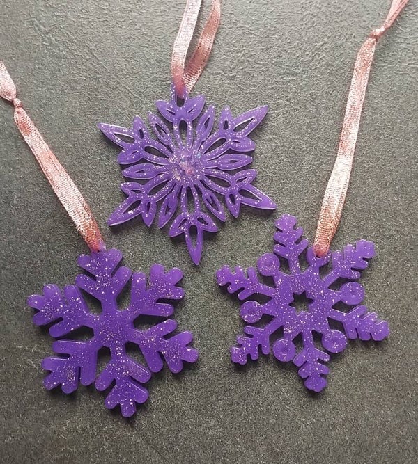 Flocons de Noël violet pailleté rose x3