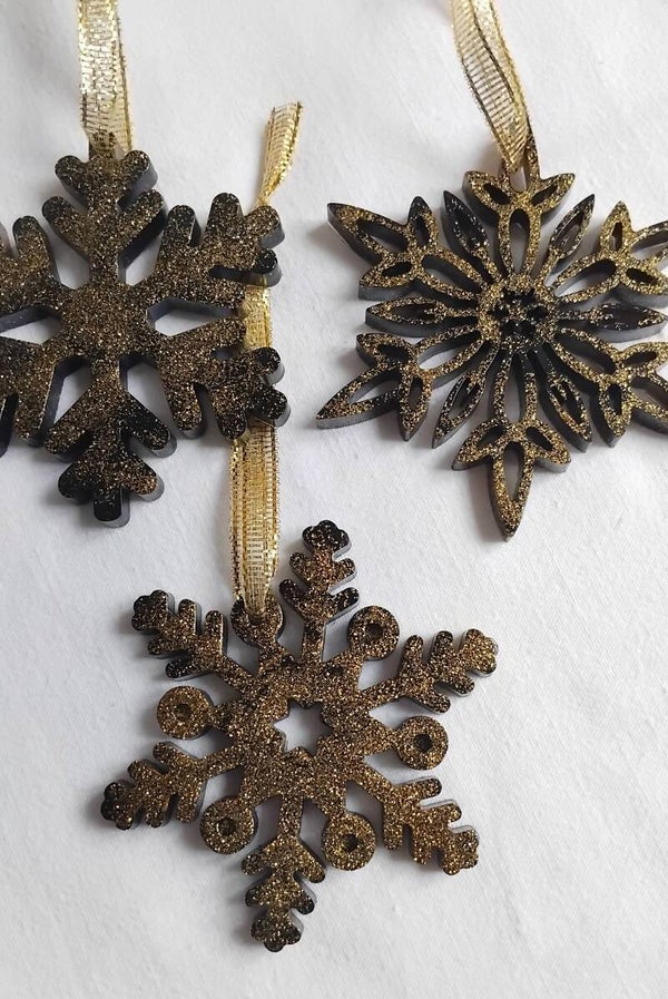 Flocons de Noël noir paillette or x3