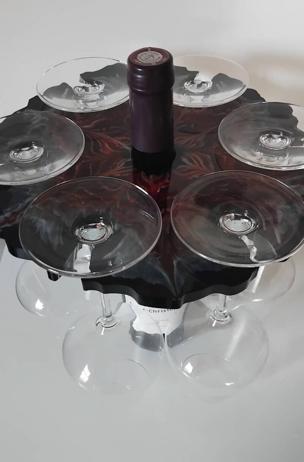 Support bouteille et 6 verres fleur 3D rouge et or