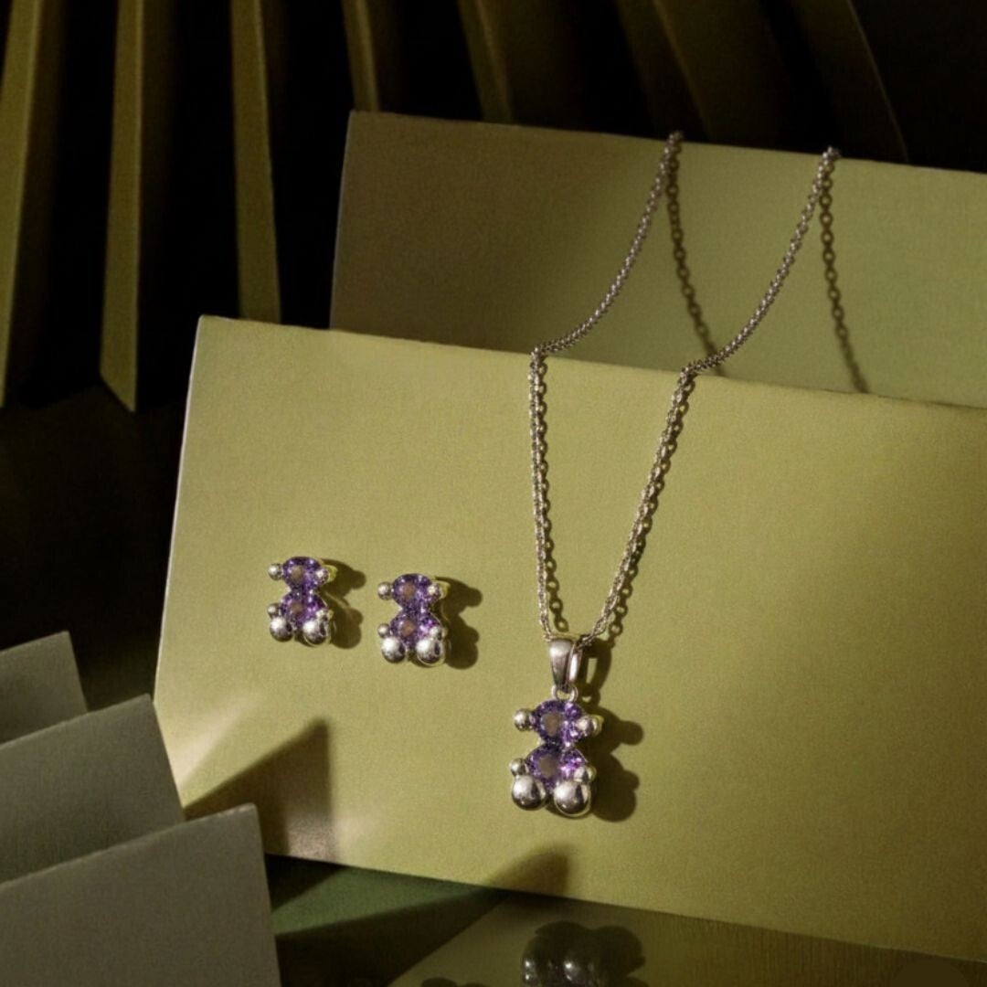 Conjunto oso plateado con piedra morada
