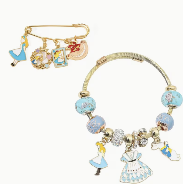 Conjunto brazalete charms y broche Alicia