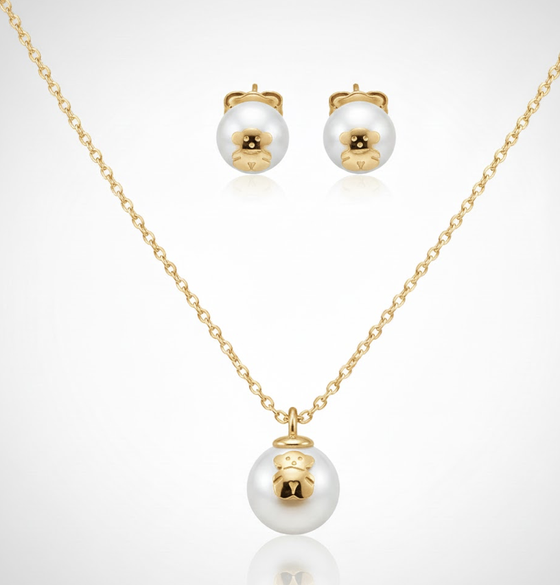 Conjunto oso con perlas dorado