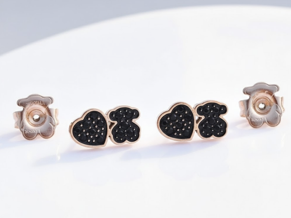 Pendientes oso corazón destello negro en rosa gold