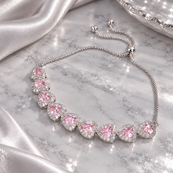 Silver Hearts Diamond Pink Armband