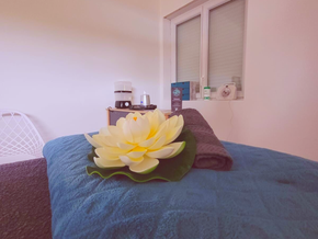 On y voit un lotus artificiel sur un plaid bleu canard posé sur le table de massage. En arrière plan il y a une console sur laquelle sont posés des accessoires de massage.