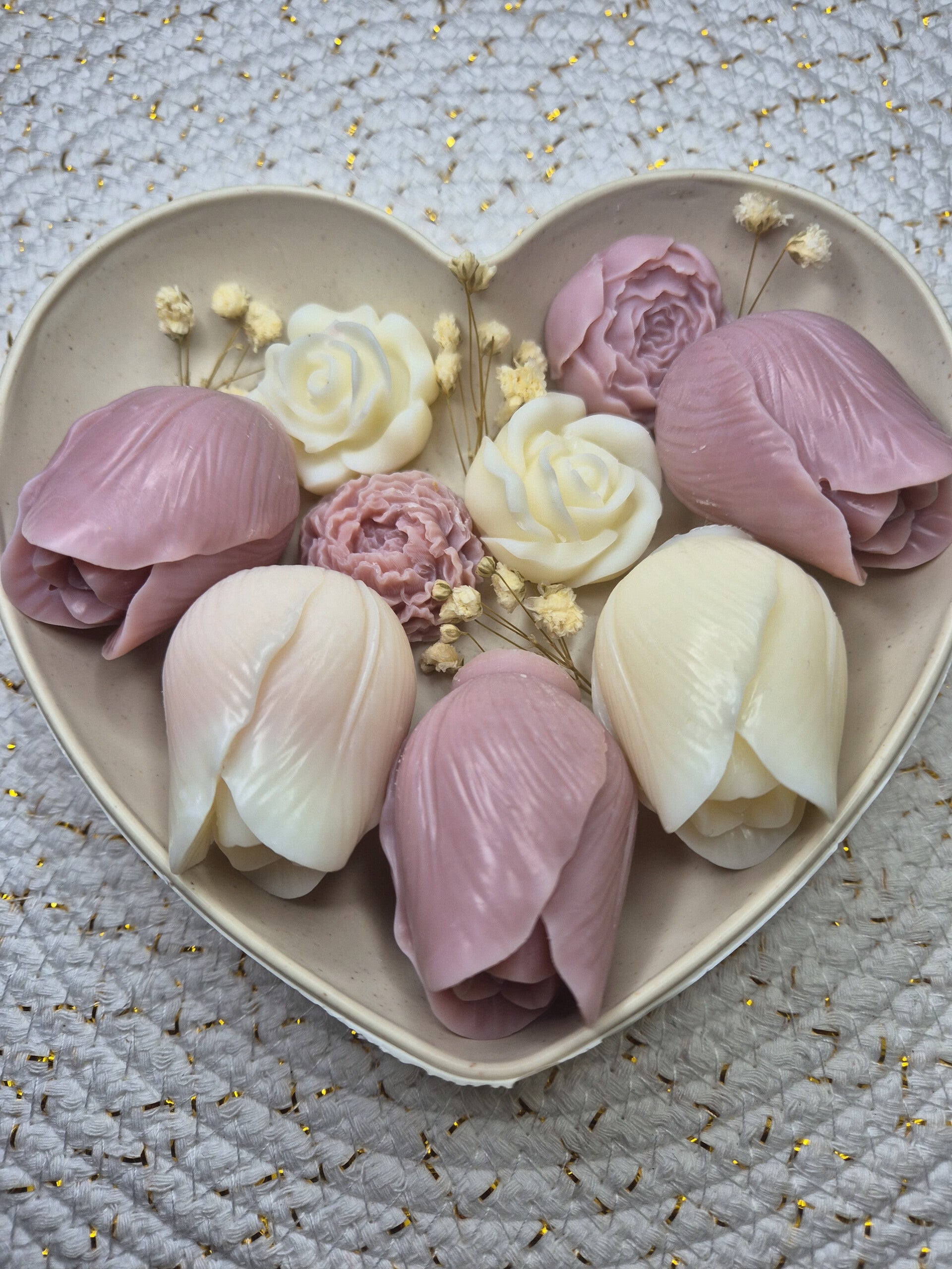 Tulpen waxmelts (5 stuks - cadeauset in hartvorm schaaltje)