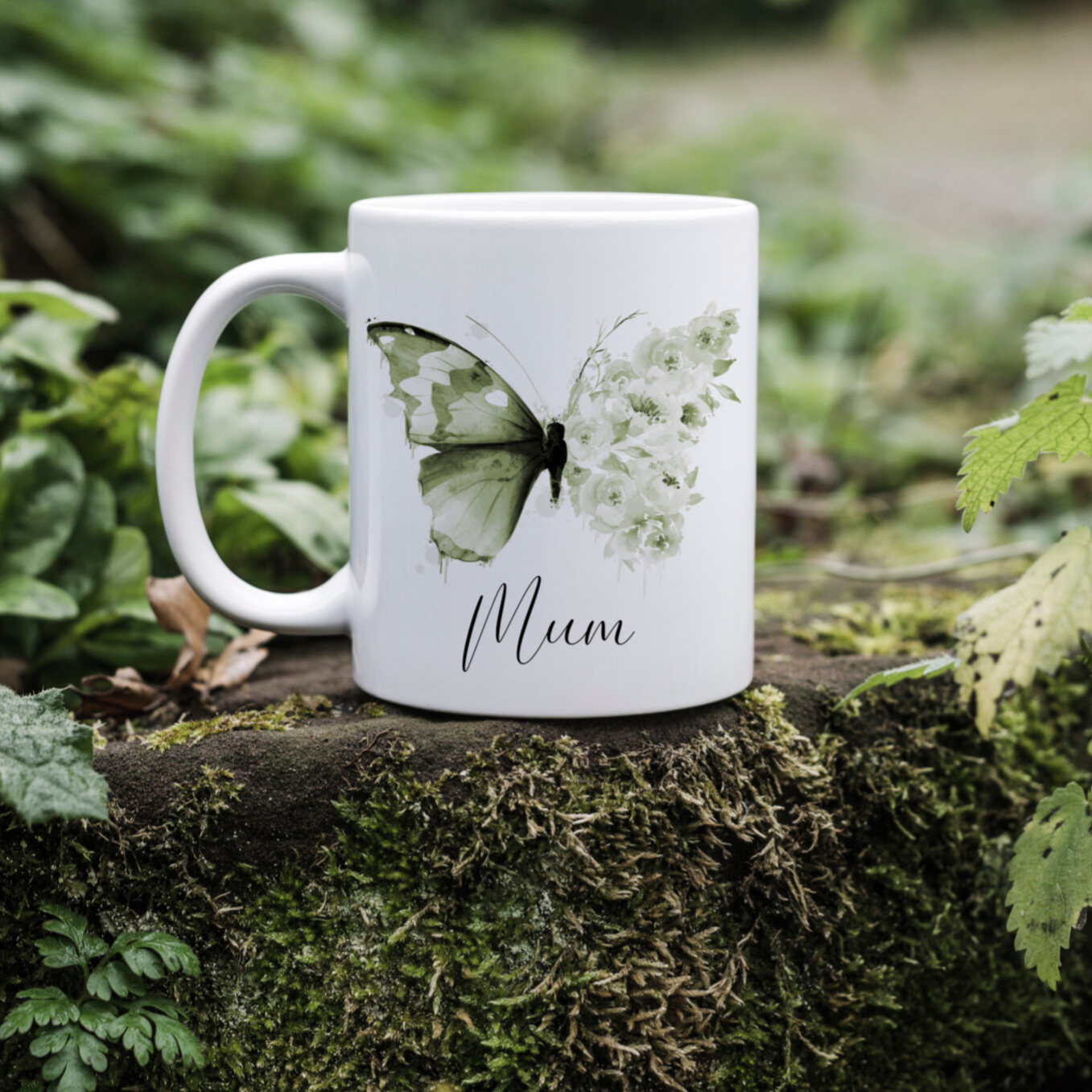 Personalised Green Floral Butterfly Mug / Coffee Cup