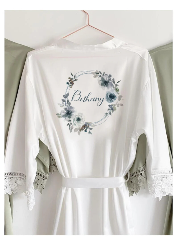 Blue Floral Wreath Satin Lace Robe - Personalised Robe, Bridal Party Robe