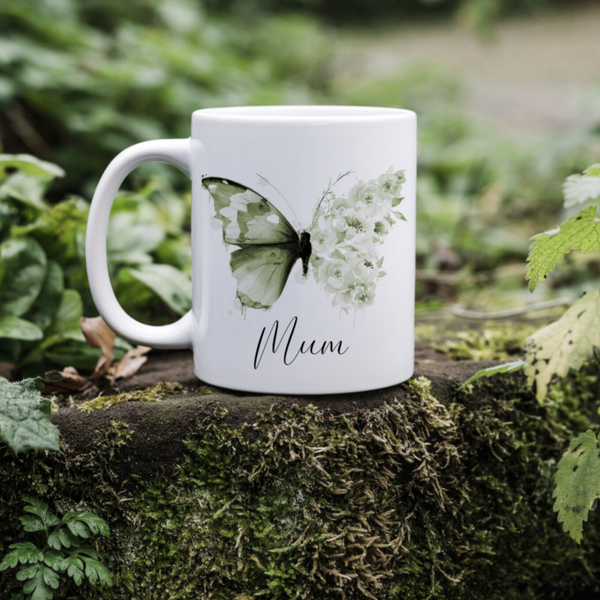 Personalised Green Floral Butterfly Mug / Coffee Cup