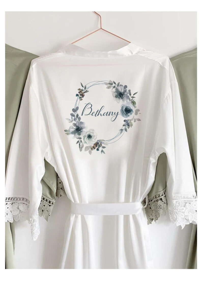 Blue Floral Wreath Satin Lace Robe - Personalised Robe, Bridal Party Robe