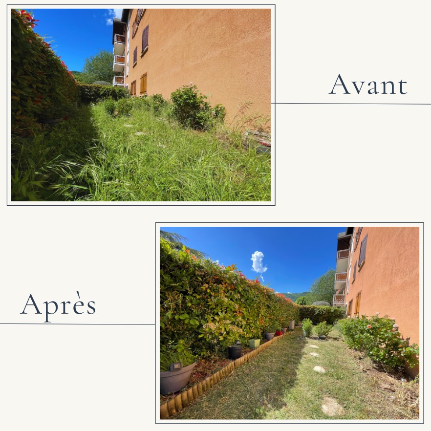 Avant/Après d'un service d'entretien de jardin à Grésy-sur-Aix. EXTEVIA a réalisé un débroussaillage intensif et une tonte de pelouse professionnelle dans une copropriété.