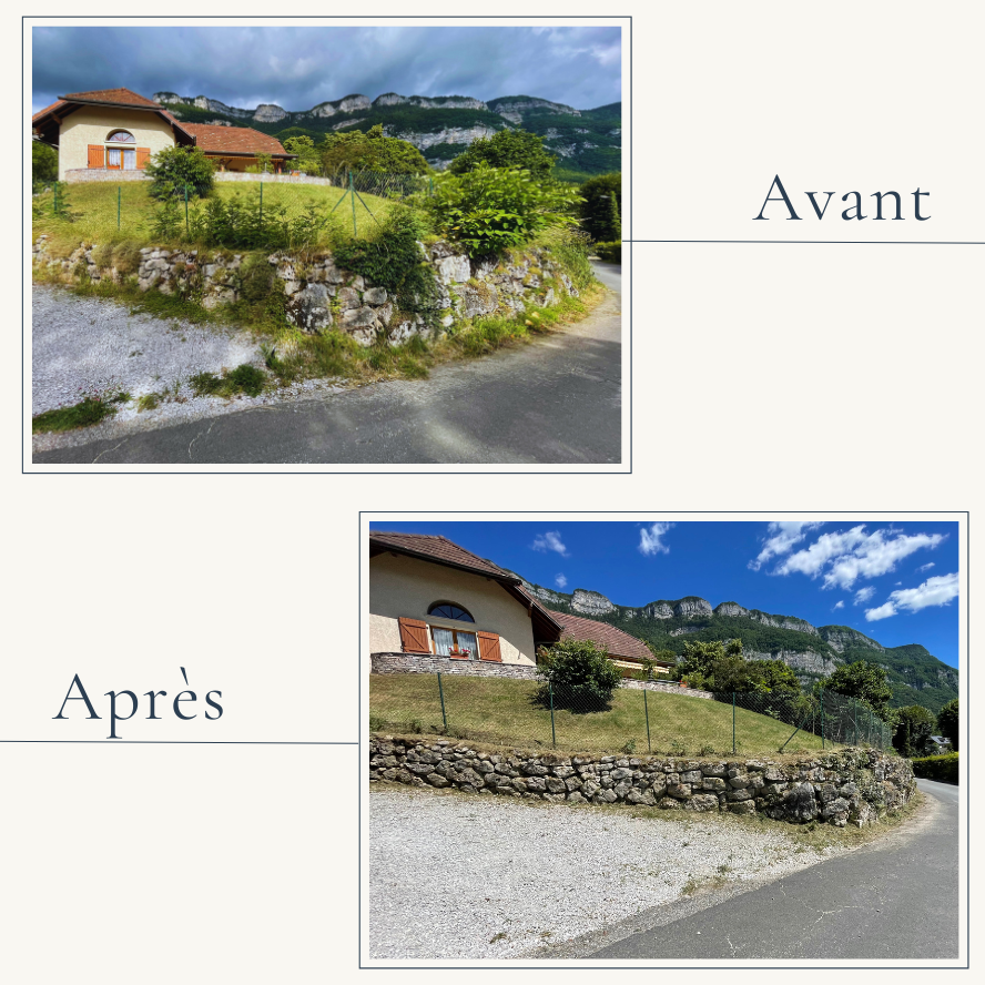 Débroussaillage de talus et désherbage minutieux d'un muret en pierre par EXTEVIA à Drumettaz-Clarafond.