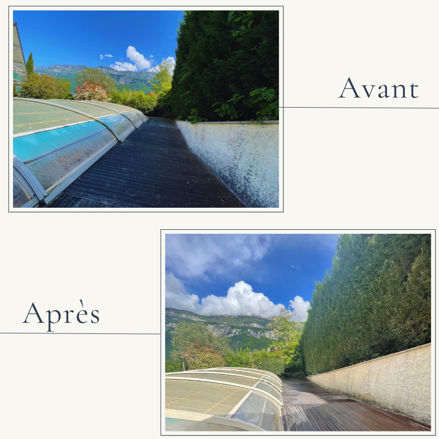 Avant/Après du nettoyage haute pression d'une terrasse en dalles et bois à Sonnaz. Le jardinier paysagiste EXTEVIA a éliminé la mousse et la grisaille.